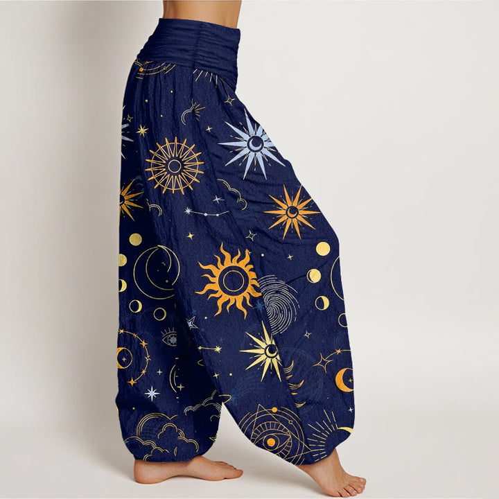 Buddha Stones Pantaloni harem da donna con elastico in vita, motivo luna sole nuvola stella costellazione in cotone - image 2