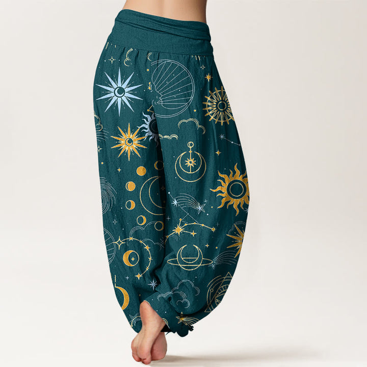 Buddha Stones Pantaloni harem da donna con elastico in vita, motivo luna sole nuvola stella costellazione in cotone - image 6
