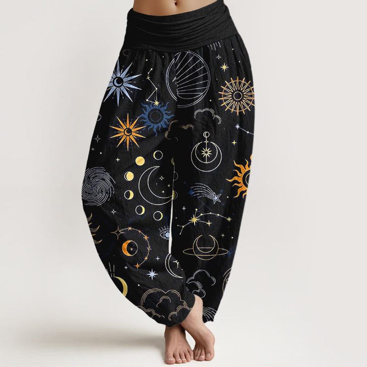 Buddha Stones Pantaloni harem da donna con elastico in vita, motivo luna sole nuvola stella costellazione in cotone - Nero - US16, UK/AU20, EU48 (3XL) - image 8
