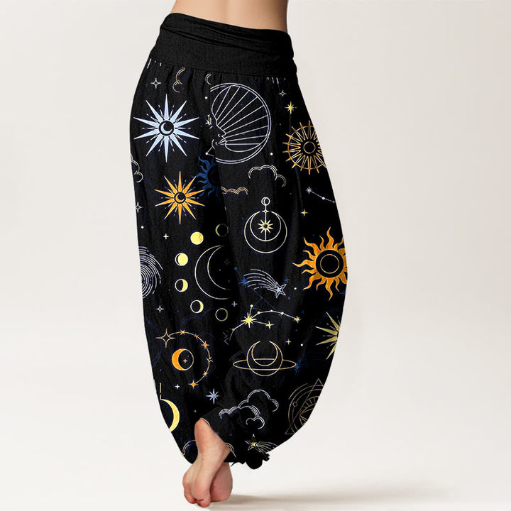 Buddha Stones Pantaloni harem da donna con elastico in vita, motivo luna sole nuvola stella costellazione in cotone - image 9
