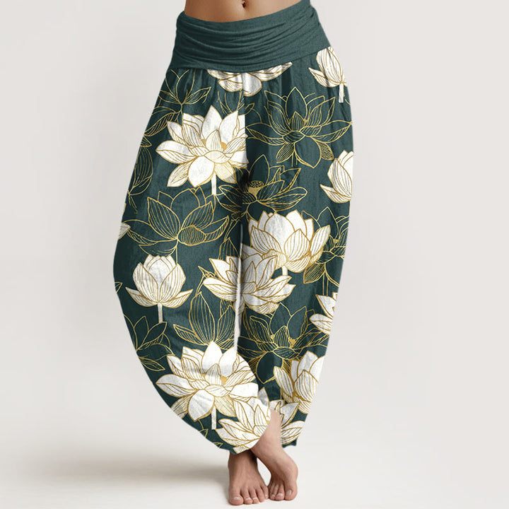 Buddha Stones Pantaloni harem da donna in cotone con elastico in vita e motivo a fiori di loto, eleganti e raffinati - Verde scuro - US16, UK/AU20, EU48 (3XL) - image 0