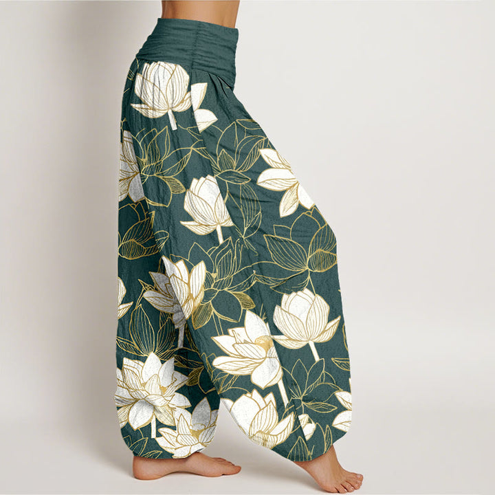 Buddha Stones Pantaloni harem da donna in cotone con elastico in vita e motivo a fiori di loto, eleganti e raffinati - image 2