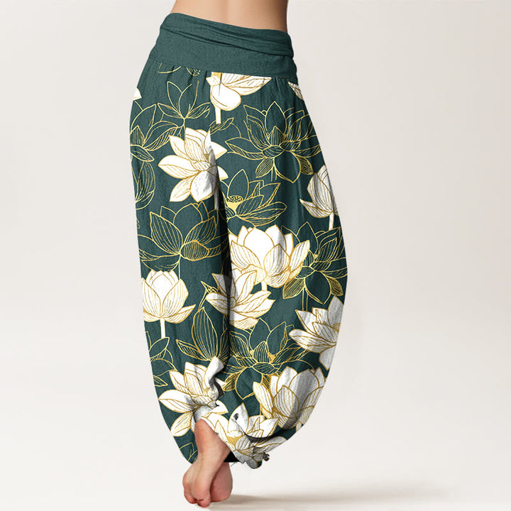 Buddha Stones Pantaloni harem da donna in cotone con elastico in vita e motivo a fiori di loto, eleganti e raffinati - image 1