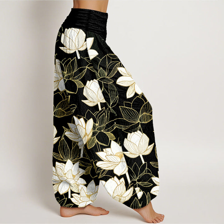 Buddha Stones Pantaloni harem da donna in cotone con elastico in vita e motivo a fiori di loto, eleganti e raffinati - image 7