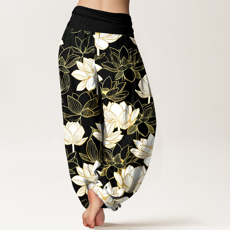 Buddha Stones Pantaloni harem da donna in cotone con elastico in vita e motivo a fiori di loto, eleganti e raffinati - image 6