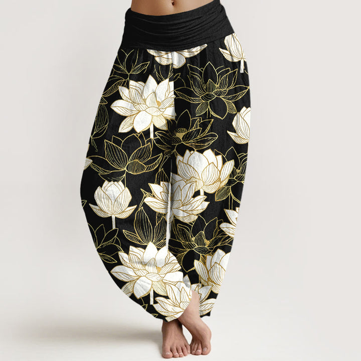 Buddha Stones Pantaloni harem da donna in cotone con elastico in vita e motivo a fiori di loto, eleganti e raffinati - Nero - US16, UK/AU20, EU48 (3XL) - image 5