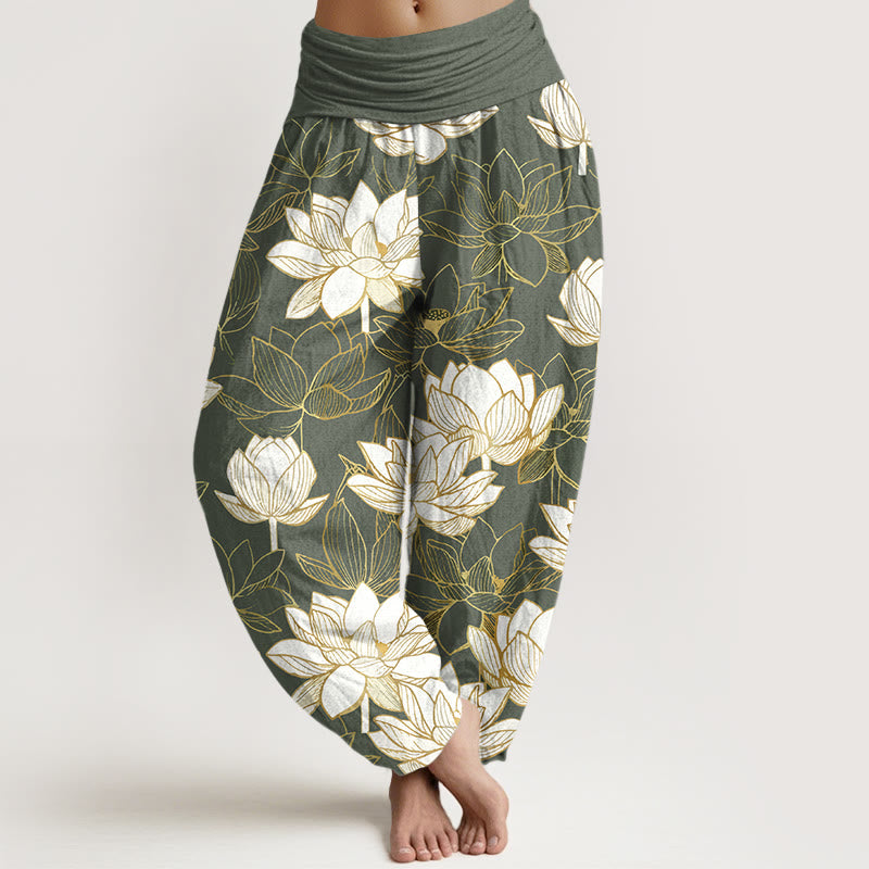 Buddha Stones Pantaloni harem da donna in cotone con elastico in vita e motivo a fiori di loto, eleganti e raffinati - Verde oliva - US16, UK/AU20, EU48 (3XL) - image 8