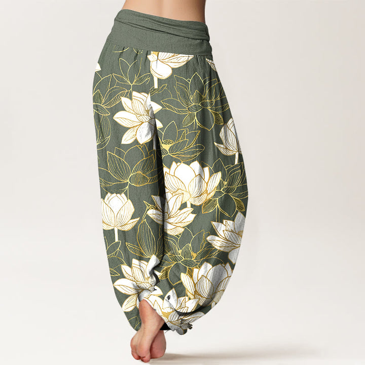 Buddha Stones Pantaloni harem da donna in cotone con elastico in vita e motivo a fiori di loto, eleganti e raffinati - image 9