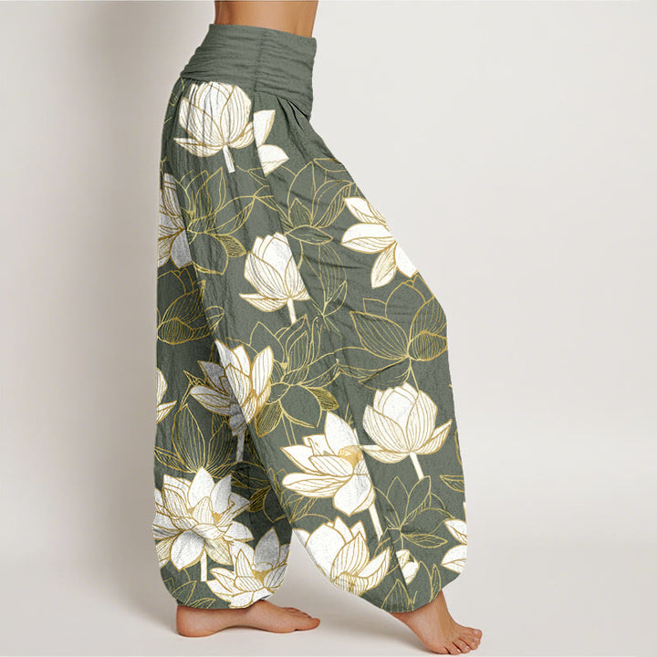 Buddha Stones Pantaloni harem da donna in cotone con elastico in vita e motivo a fiori di loto, eleganti e raffinati - image 10