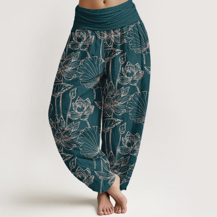Buddha Stones Pantaloni harem da donna in cotone, eleganti e raffinati, con motivo a foglie di loto e vita elastica - Verde acqua - US16, UK/AU20, EU48 (3XL) - image 0