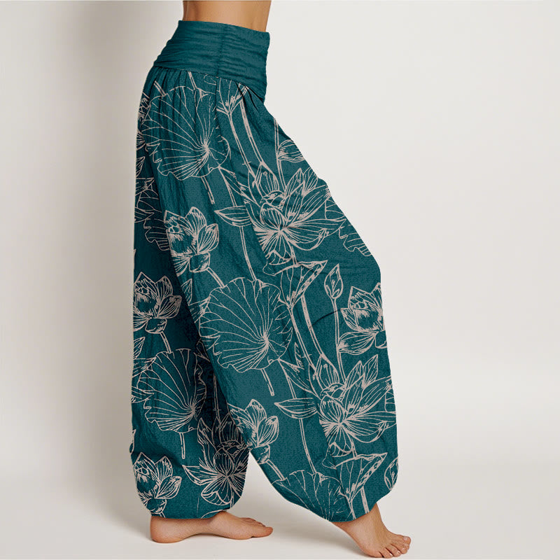 Buddha Stones Pantaloni harem da donna in cotone, eleganti e raffinati, con motivo a foglie di loto e vita elastica - image 2