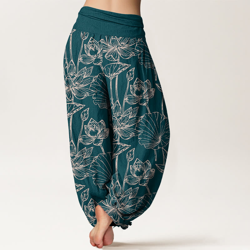 Buddha Stones Pantaloni harem da donna in cotone, eleganti e raffinati, con motivo a foglie di loto e vita elastica - image 1