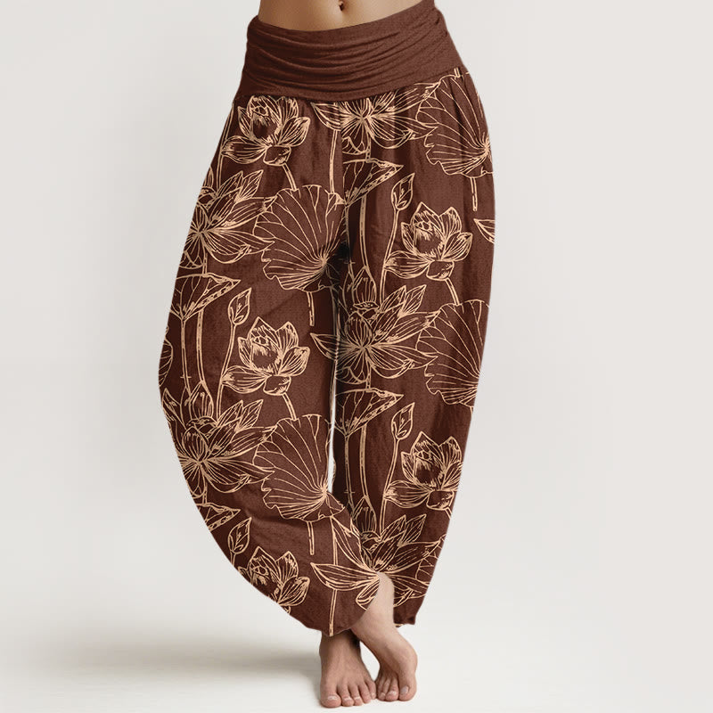 Buddha Stones Pantaloni harem da donna in cotone, eleganti e raffinati, con motivo a foglie di loto e vita elastica - Marrone - US16, UK/AU20, EU48 (3XL) - image 5