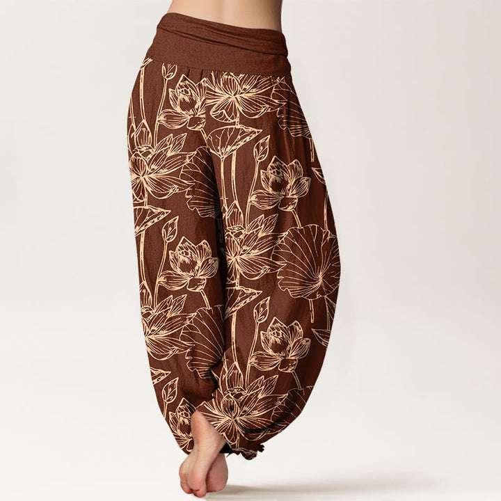 Buddha Stones Pantaloni harem da donna in cotone, eleganti e raffinati, con motivo a foglie di loto e vita elastica - image 7