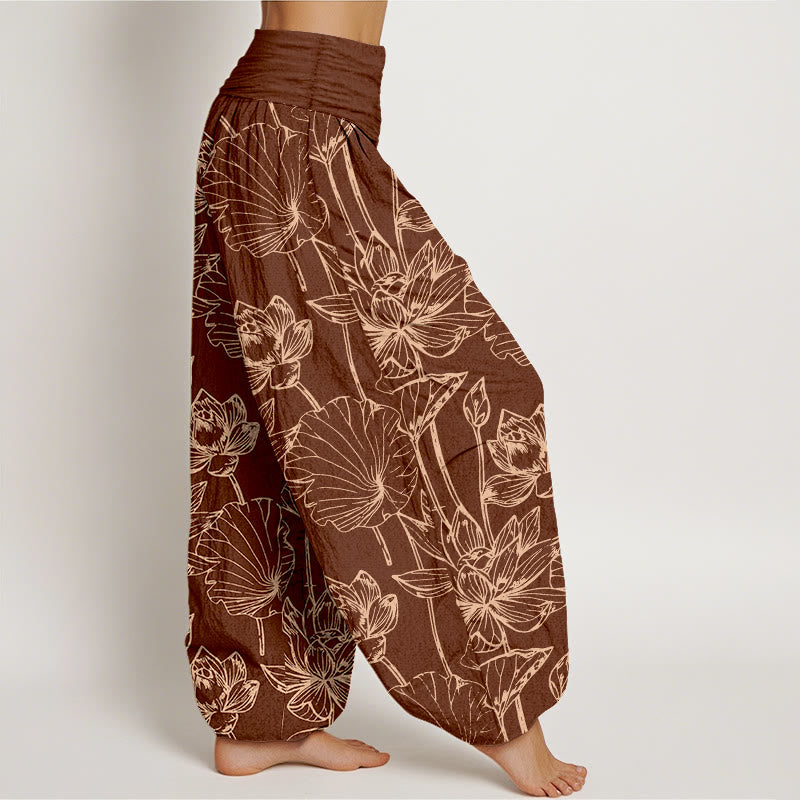 Buddha Stones Pantaloni harem da donna in cotone, eleganti e raffinati, con motivo a foglie di loto e vita elastica - image 6