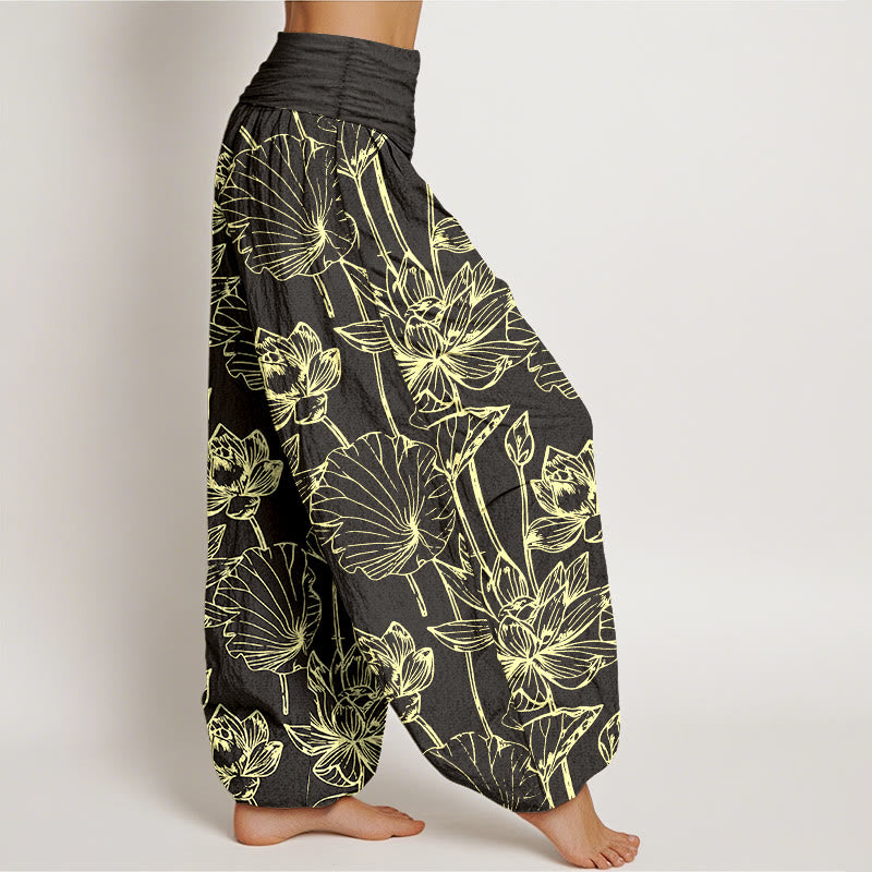 Buddha Stones Pantaloni harem da donna in cotone, eleganti e raffinati, con motivo a foglie di loto e vita elastica - image 10