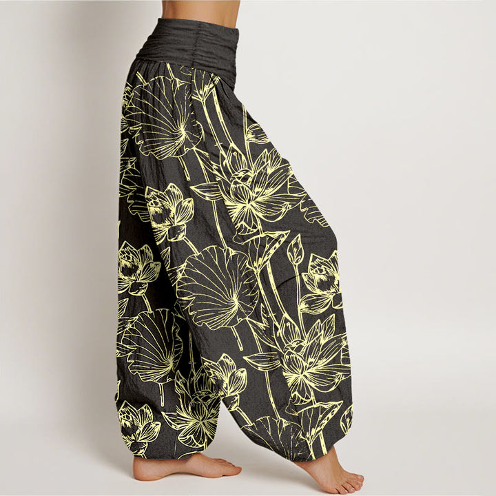 Buddha Stones Pantaloni harem da donna in cotone, eleganti e raffinati, con motivo a foglie di loto e vita elastica - image 10