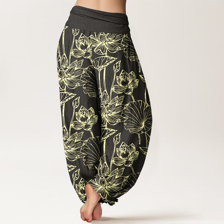 Buddha Stones Pantaloni harem da donna in cotone, eleganti e raffinati, con motivo a foglie di loto e vita elastica - image 9