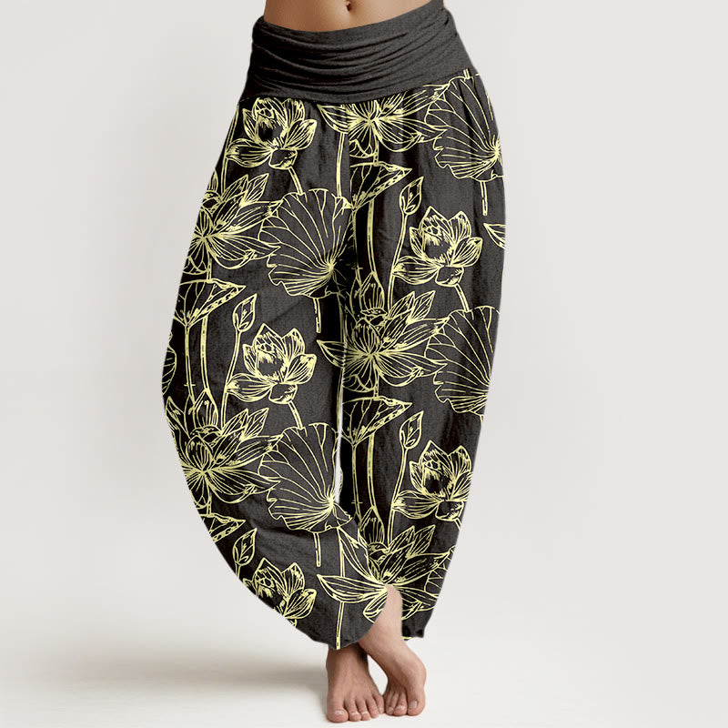 Buddha Stones Pantaloni harem da donna in cotone, eleganti e raffinati, con motivo a foglie di loto e vita elastica - Nero - US16, UK/AU20, EU48 (3XL) - image 8