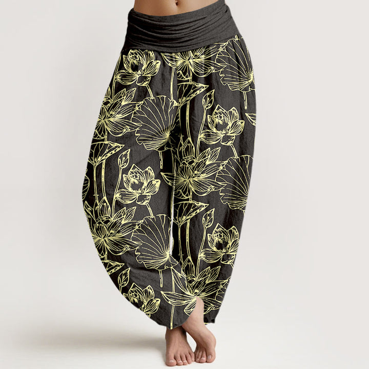 Buddha Stones Pantaloni harem da donna in cotone, eleganti e raffinati, con motivo a foglie di loto e vita elastica - Nero - US16, UK/AU20, EU48 (3XL) - image 8