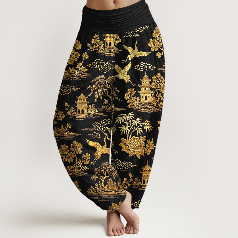 Buddha Stones Pantaloni harem da donna con elastico in vita, in cotone, con motivo a gru, nuvola, peonia e albero - Nero - US16, UK/AU20, EU48 (3XL) - image 0