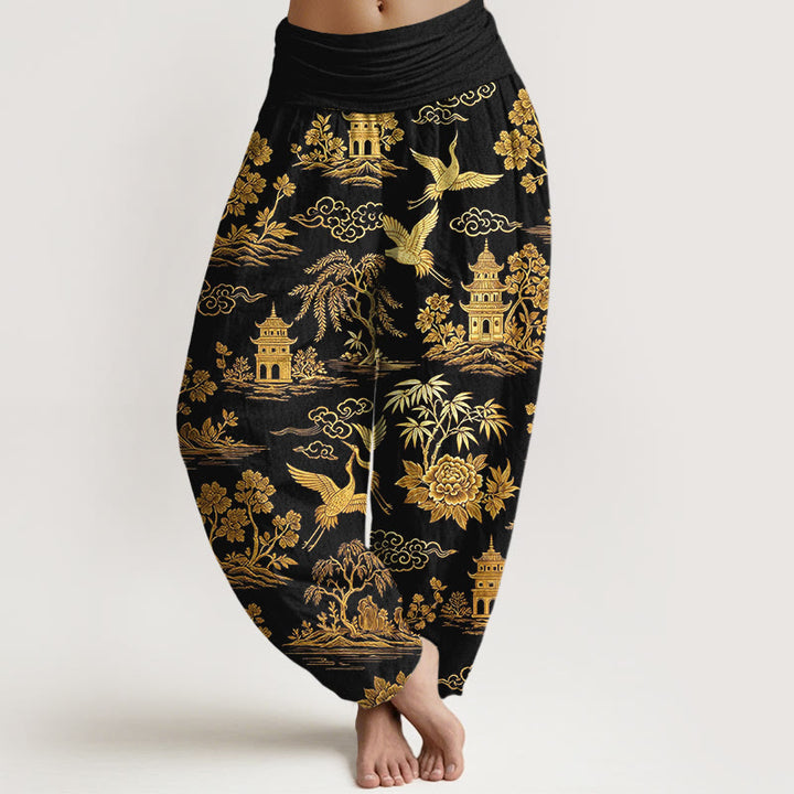 Buddha Stones Pantaloni harem da donna con elastico in vita, in cotone, con motivo a gru, nuvola, peonia e albero - Nero - US16, UK/AU20, EU48 (3XL) - image 0