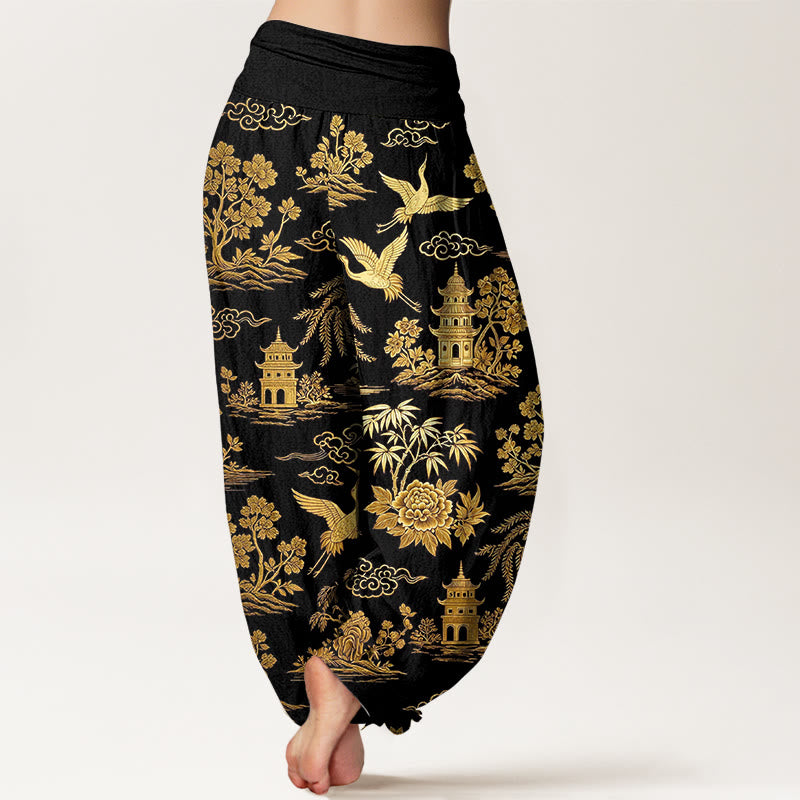 Buddha Stones Pantaloni harem da donna con elastico in vita, in cotone, con motivo a gru, nuvola, peonia e albero - image 1