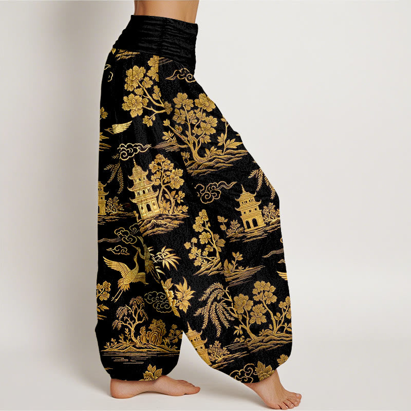 Buddha Stones Pantaloni harem da donna con elastico in vita, in cotone, con motivo a gru, nuvola, peonia e albero - image 2