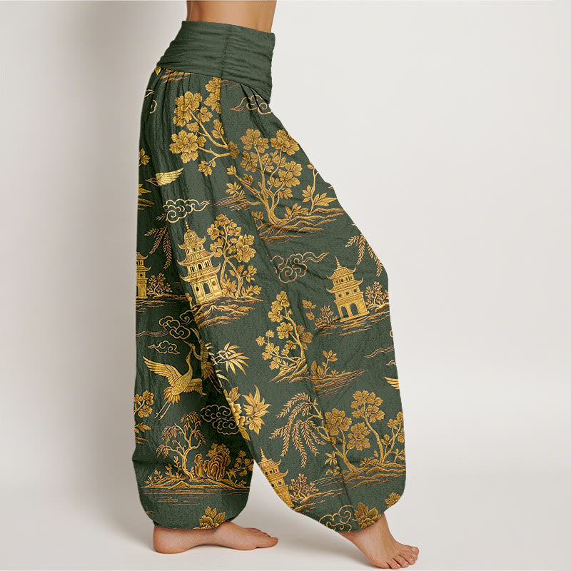 Buddha Stones Pantaloni harem da donna con elastico in vita, in cotone, con motivo a gru, nuvola, peonia e albero - image 7