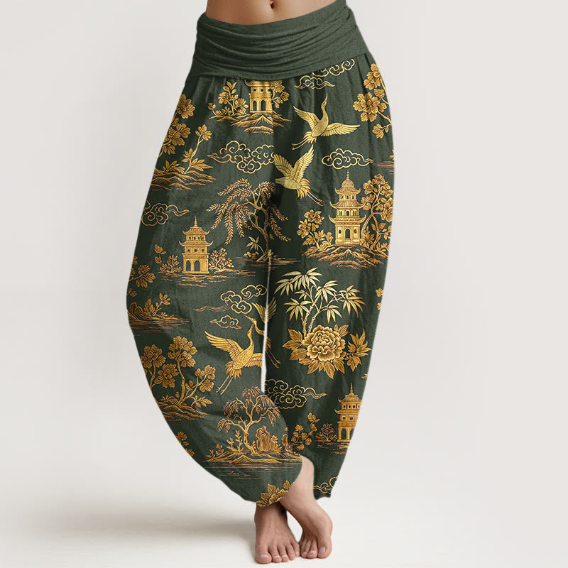 Buddha Stones Pantaloni harem da donna con elastico in vita, in cotone, con motivo a gru, nuvola, peonia e albero - Verde oliva scuro - US16, UK/AU20, EU48 (3XL) - image 5