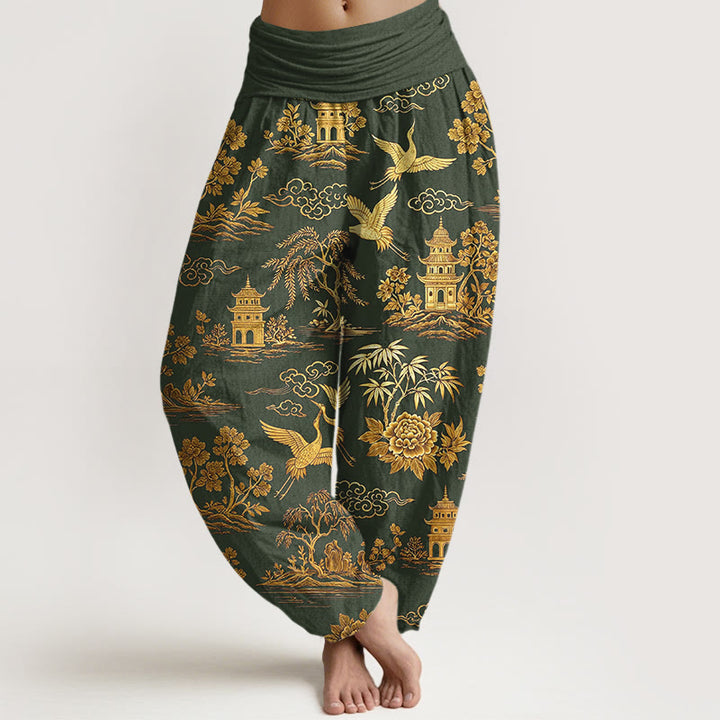 Buddha Stones Pantaloni harem da donna con elastico in vita, in cotone, con motivo a gru, nuvola, peonia e albero - Verde oliva scuro - US16, UK/AU20, EU48 (3XL) - image 5