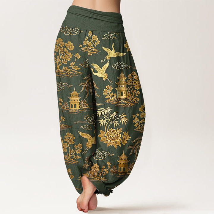 Buddha Stones Pantaloni harem da donna con elastico in vita, in cotone, con motivo a gru, nuvola, peonia e albero - image 6