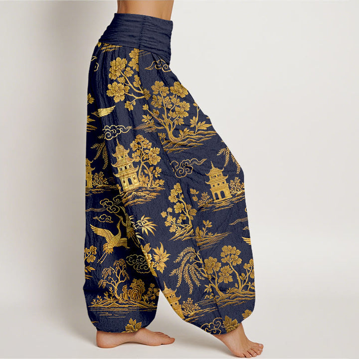 Buddha Stones Pantaloni harem da donna con elastico in vita, in cotone, con motivo a gru, nuvola, peonia e albero - image 10