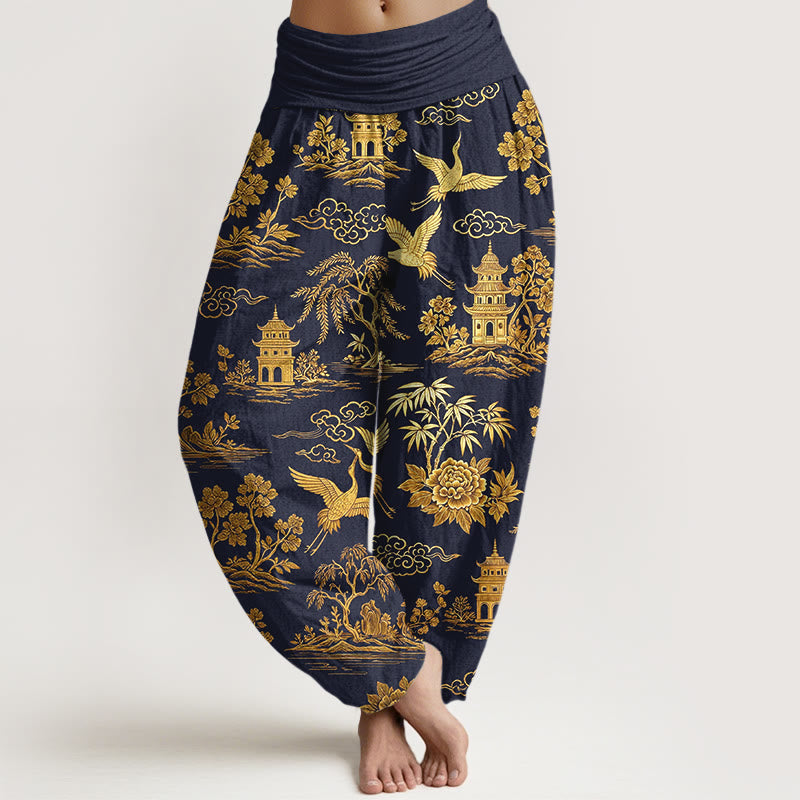 Buddha Stones Pantaloni harem da donna con elastico in vita, in cotone, con motivo a gru, nuvola, peonia e albero - Blu notte - US16, UK/AU20, EU48 (3XL) - image 8