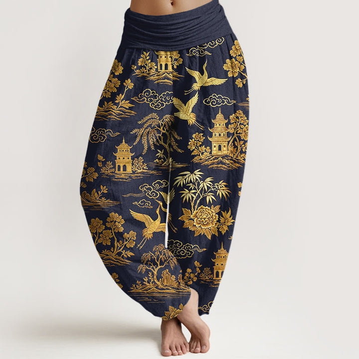 Buddha Stones Pantaloni harem da donna con elastico in vita, in cotone, con motivo a gru, nuvola, peonia e albero - Blu notte - US16, UK/AU20, EU48 (3XL) - image 8