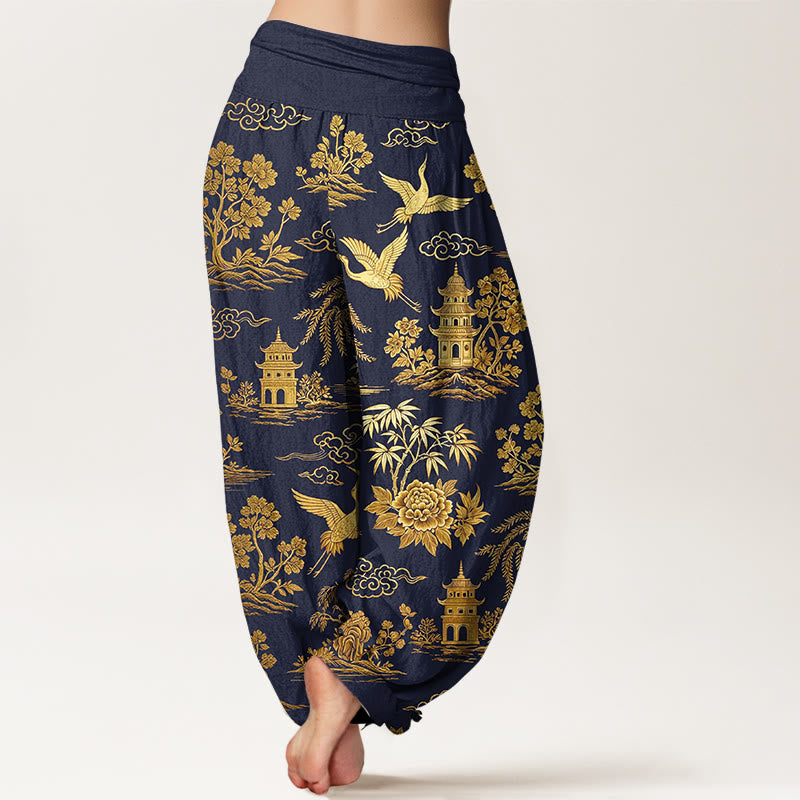 Buddha Stones Pantaloni harem da donna con elastico in vita, in cotone, con motivo a gru, nuvola, peonia e albero - image 9