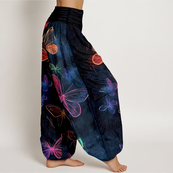 Buddha Stones Pantaloni harem da donna in cotone con motivo a farfalla da sogno e vita elastica - image 2
