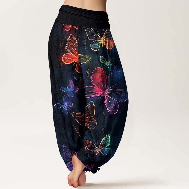 Buddha Stones Pantaloni harem da donna in cotone con motivo a farfalla da sogno e vita elastica - image 1