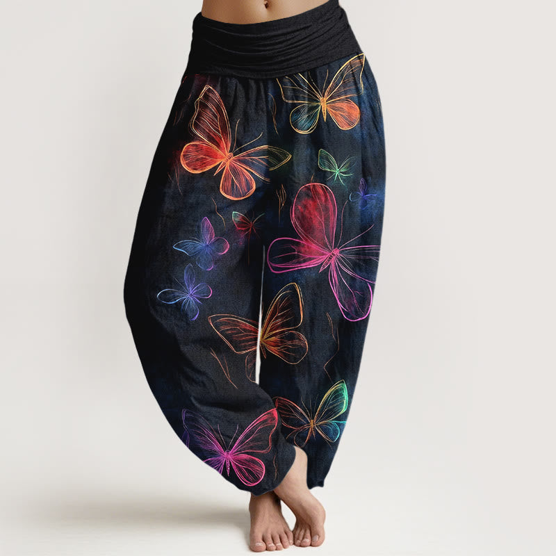 Buddha Stones Pantaloni harem da donna in cotone con motivo a farfalla da sogno e vita elastica - Nero - US16, UK/AU20, EU48 (3XL) - image 0