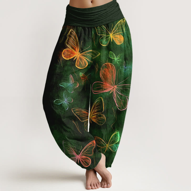 Buddha Stones Pantaloni harem da donna in cotone con motivo a farfalla da sogno e vita elastica - Verde scuro - US16, UK/AU20, EU48 (3XL) - image 8