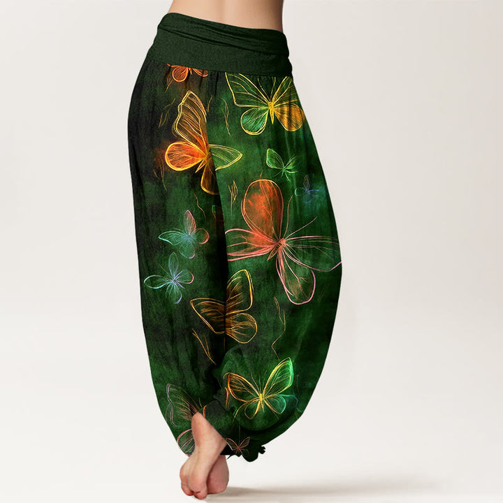 Buddha Stones Pantaloni harem da donna in cotone con motivo a farfalla da sogno e vita elastica - image 9