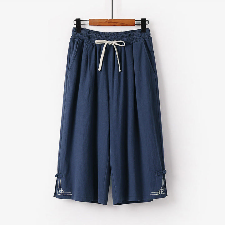 Buddha Stones Pantaloni Capri da uomo in cotone e lino con coulisse e tasche, a gamba larga e cropped - SteelBlue - US/UK/AU54, EU64 (9XL) - image 9