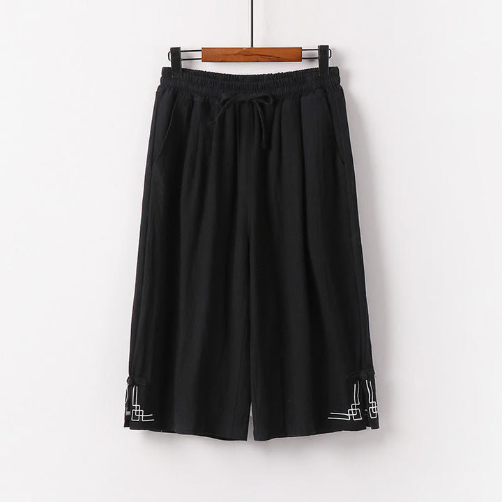 Buddha Stones Pantaloni Capri da uomo in cotone e lino con coulisse e tasche, a gamba larga e cropped - Nero - US/UK/AU54, EU64 (9XL) - image 1