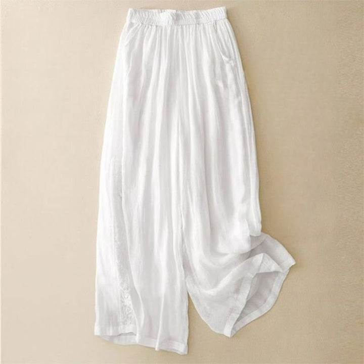 Pantaloni larghi da donna con tasche, lunghezza 7-8, con ricamo laterale Buddha Stones - Bianco - US12, UK/AU16, EU44 (3XL) - image 10