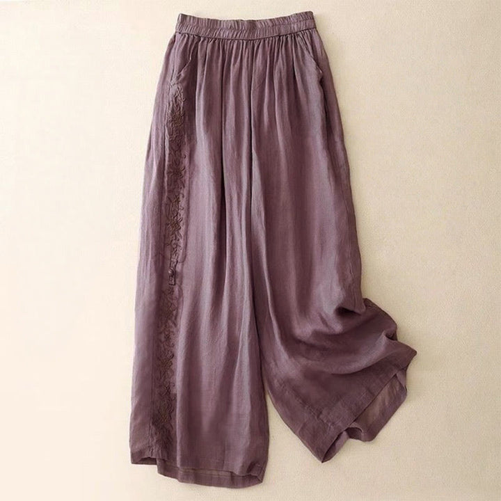 Pantaloni larghi da donna con tasche, lunghezza 7-8, con ricamo laterale Buddha Stones - Orchidea media - US12, UK/AU16, EU44 (3XL) - image 0