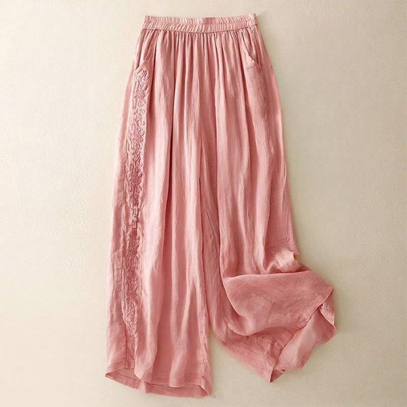 Pantaloni larghi da donna con tasche, lunghezza 7-8, con ricamo laterale Buddha Stones - Rosa - US12, UK/AU16, EU44 (3XL) - image 15
