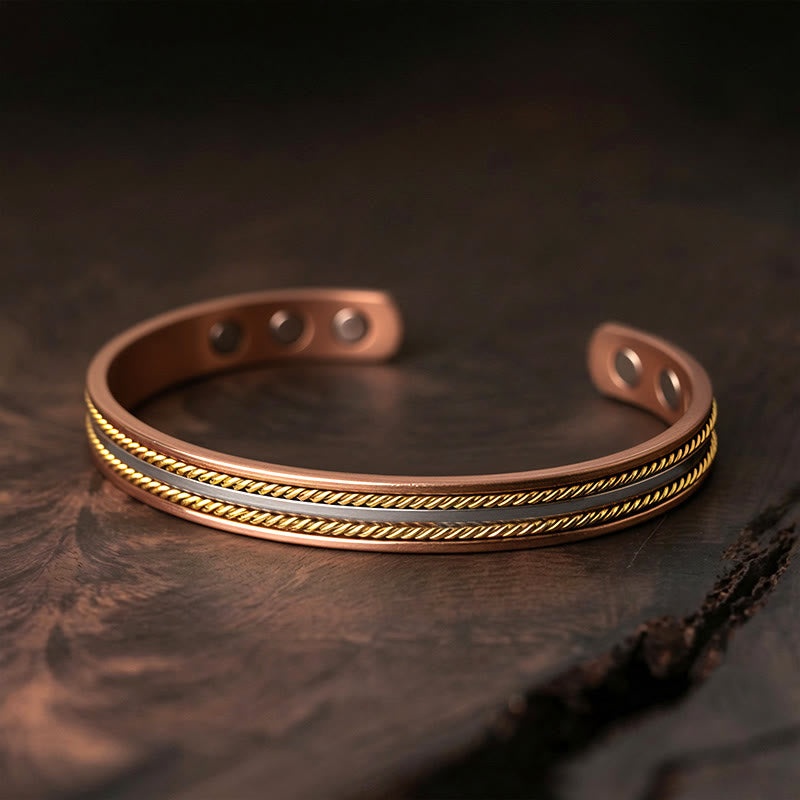 Buddha Stones Bracciale rigido con anello e polsino portafortuna in rame con design retrò intrecciato - Braccialetto (circonferenza polso: 15-18 cm) - image 0