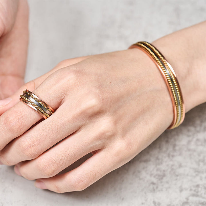 Buddha Stones Bracciale rigido con anello e polsino portafortuna in rame con design retrò intrecciato - image 4