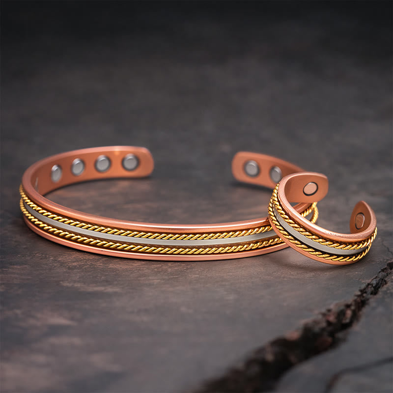 Buddha Stones Bracciale rigido con anello e polsino portafortuna in rame con design retrò intrecciato - Un braccialetto e un anello - image 1