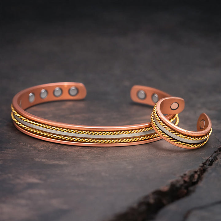 Buddha Stones Bracciale rigido con anello e polsino portafortuna in rame con design retrò intrecciato - Un braccialetto e un anello - image 1